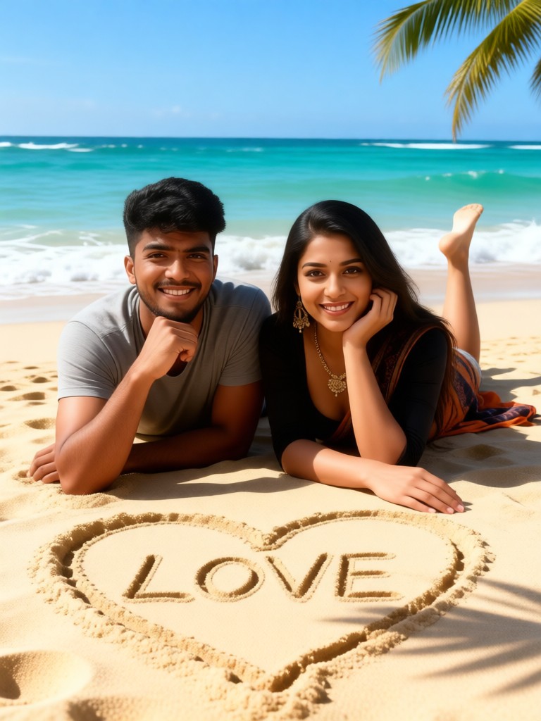 Couple drawing hearts on the beach image