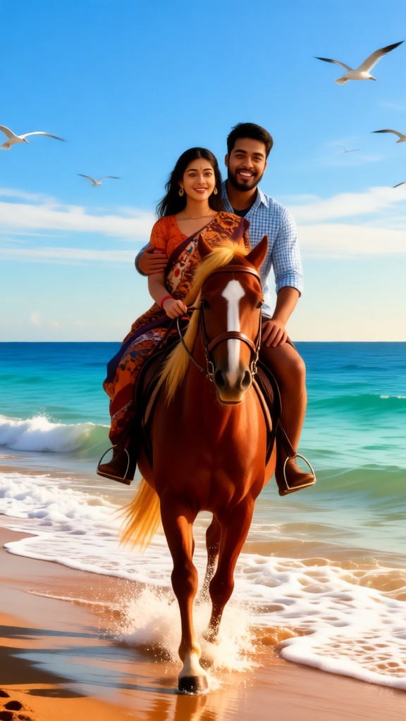 Couple riding horses on the beach image