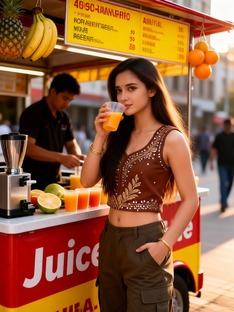 A woman drinking juice on the street image