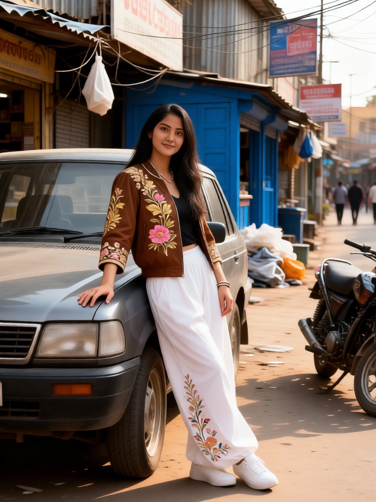A fashionable girl leaning on the car image