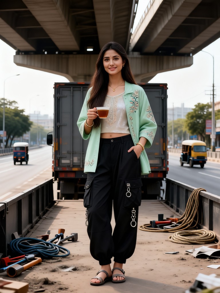 Beautiful girl drinking tea on the truck box image