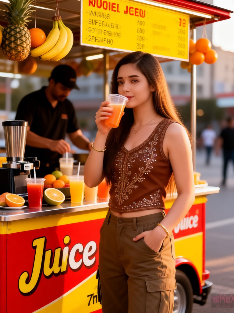 A girl drinking juice on the street image