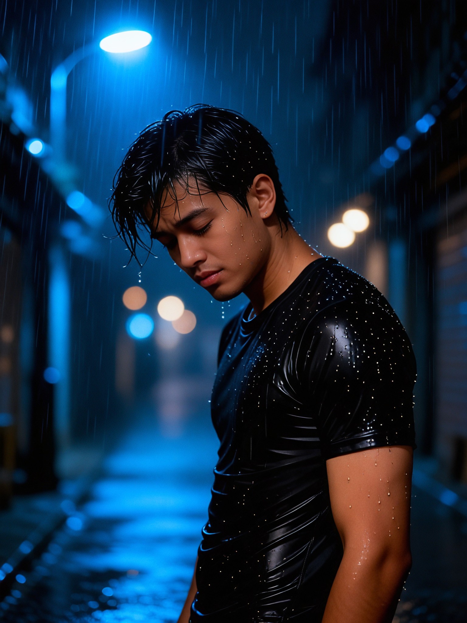 Sad man in the heavy rain image