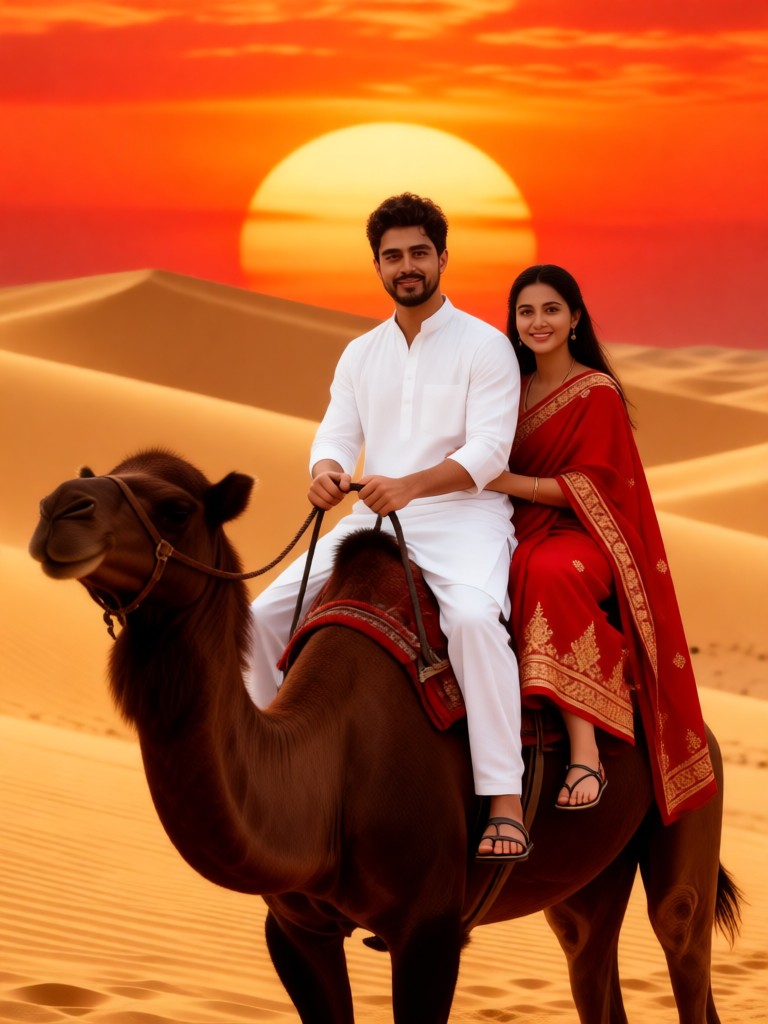 A couple riding a camel image