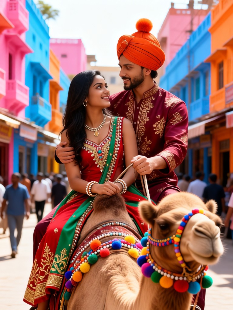 Couples ride camels in the streets and alleys image