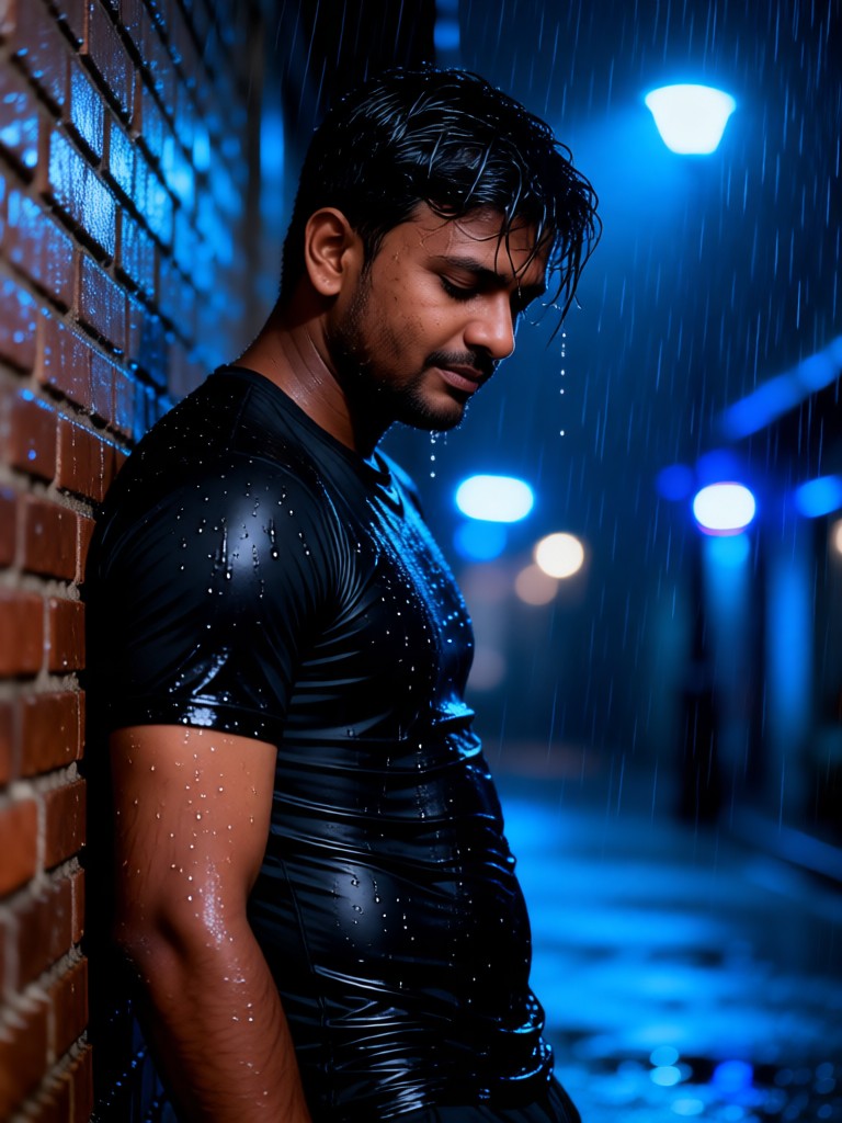A melancholy man leaning against the wall in the heavy rain image