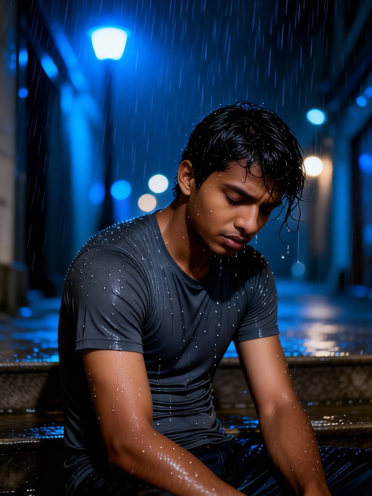 A melancholy man on the steps in the heavy rain image