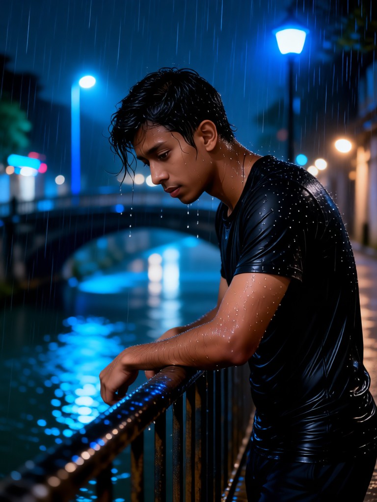 A melancholy man on the bridge in the heavy rain image
