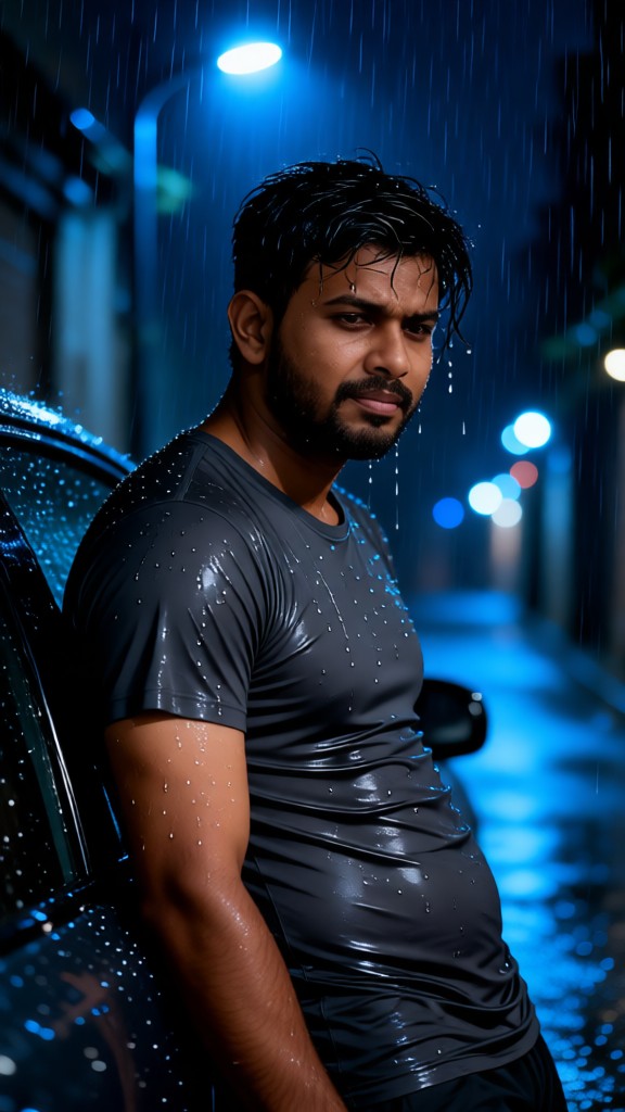 A lonely man leaning against a car in the heavy rain image