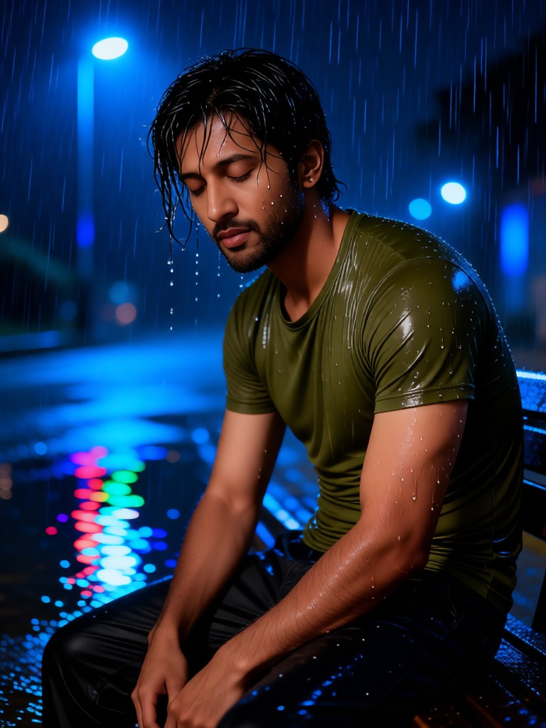 A sad man on a public bench on the street in the heavy rain image