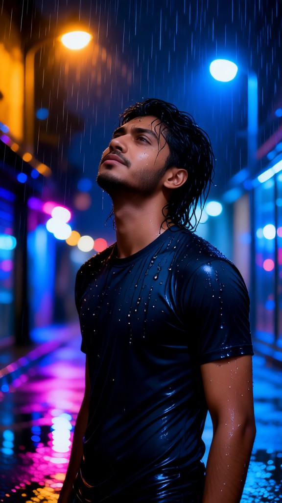 A sad man looking up at the sky in the heavy rain image