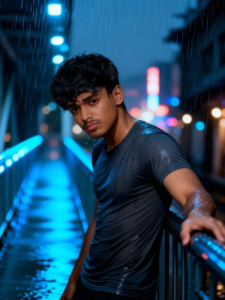 A sad man leaning on the railing in the heavy rain image