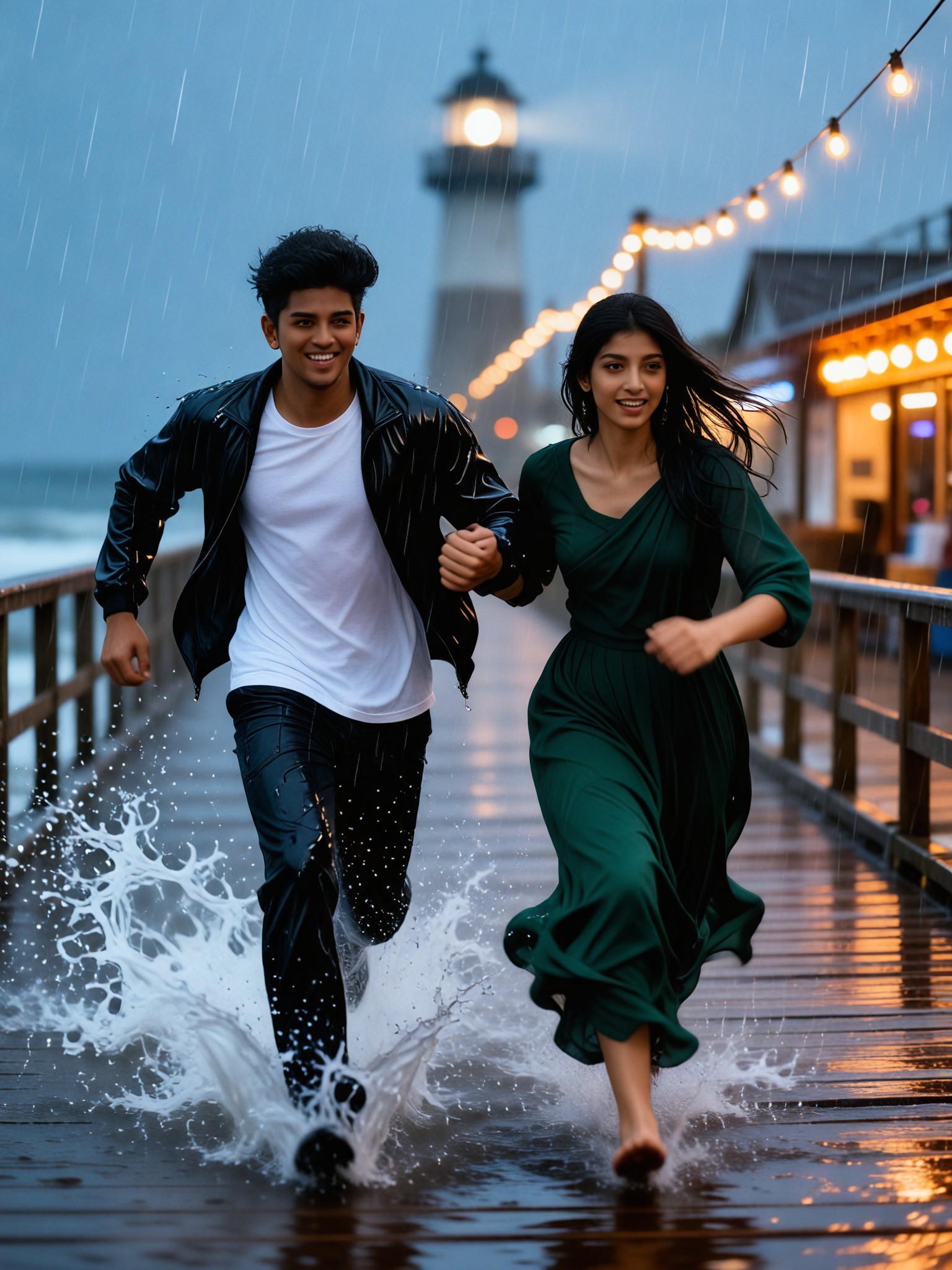 A couple running on the seaside wooden boardwalk in the rain image