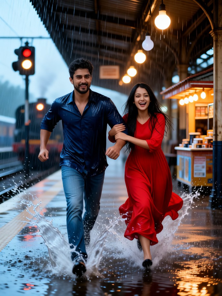 A couple running in the car in the rain image