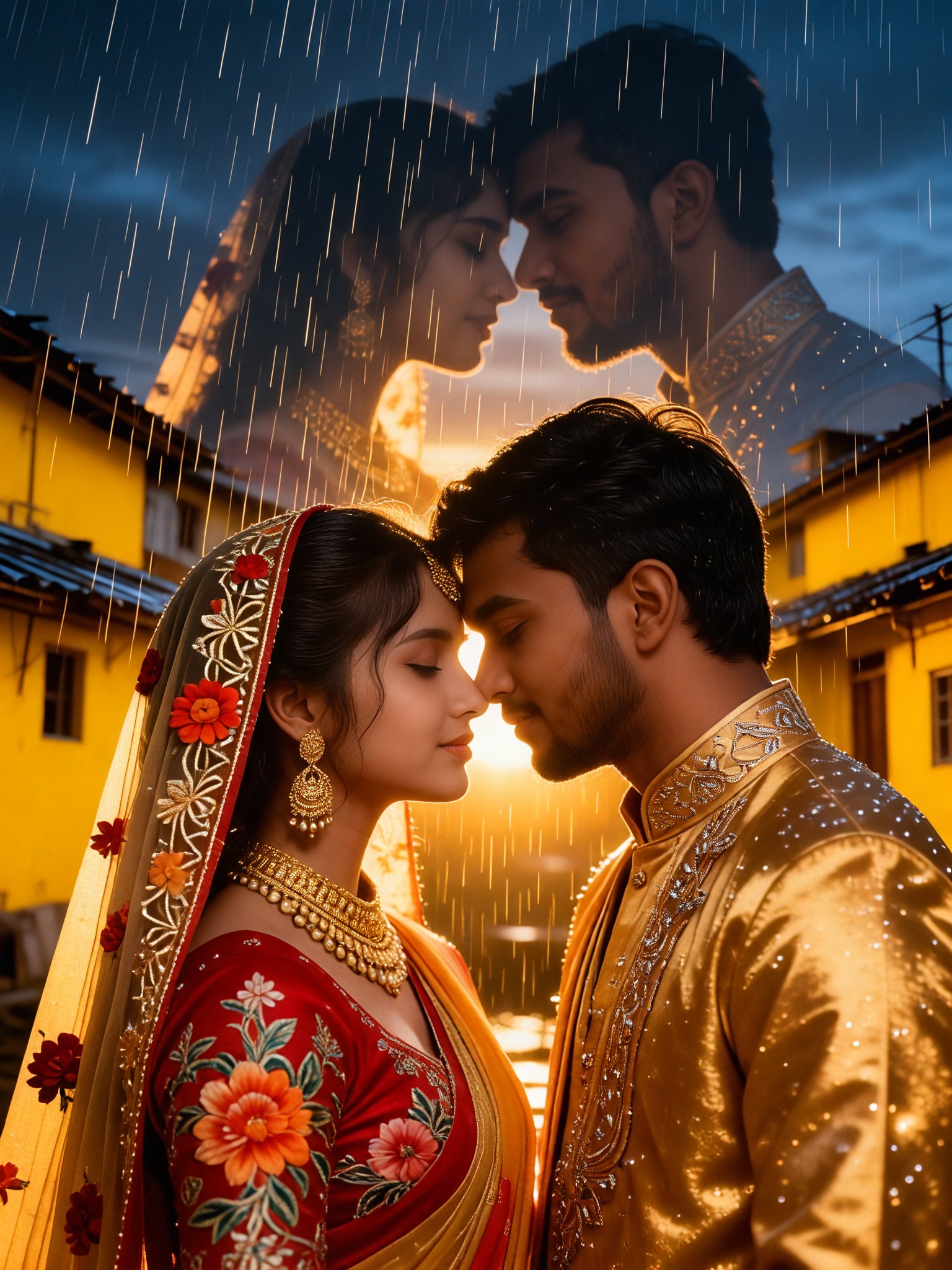 Double-exposed couple in the rain image