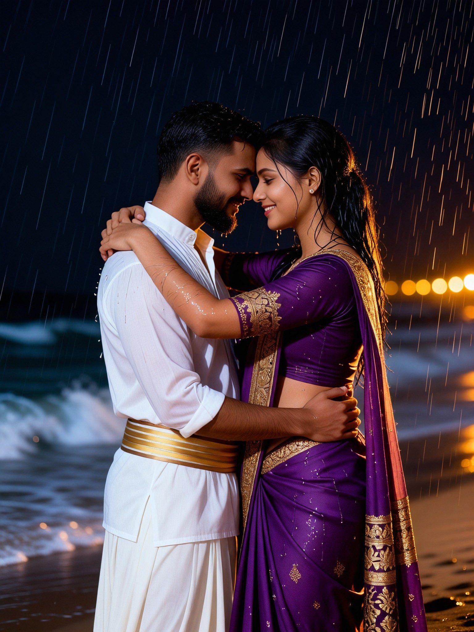 A couple embracing on the beach in the rain image