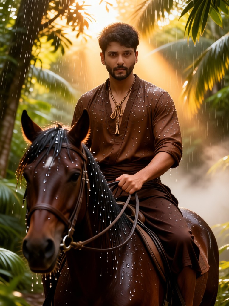 The man riding a horse in the rainforest image