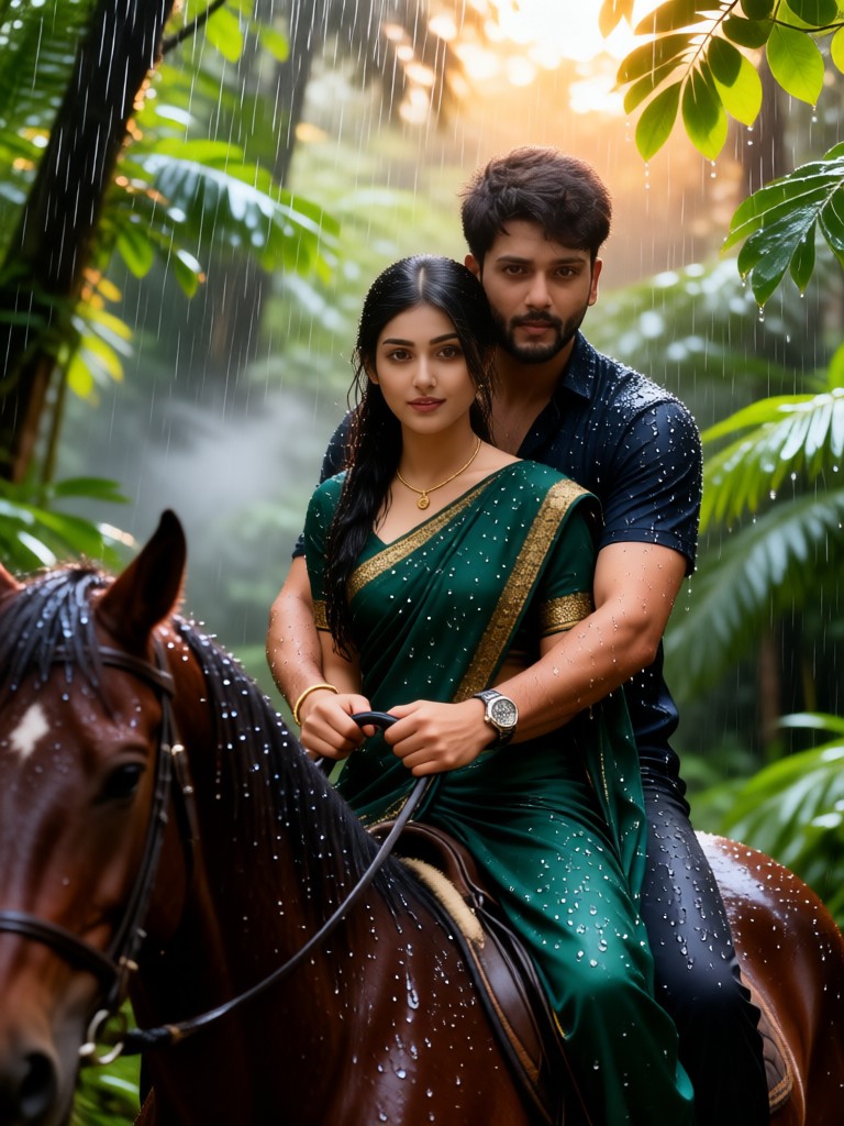 Couples riding horses in the rainforest image
