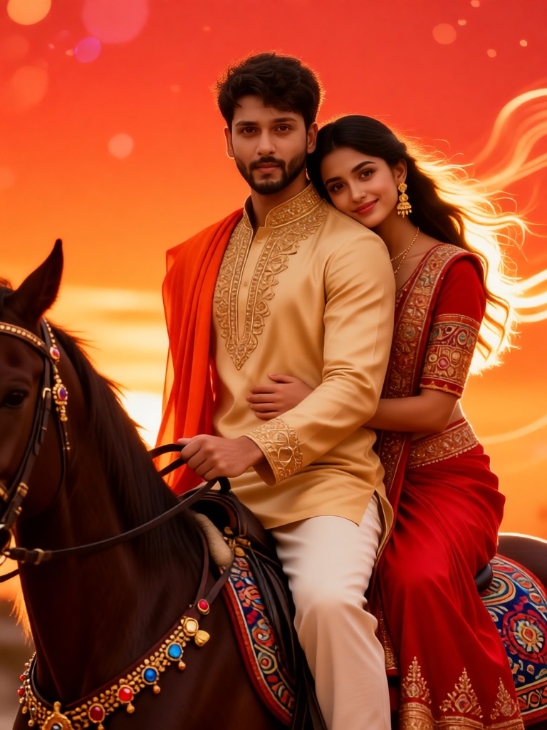 A couple riding horses and cuddling image