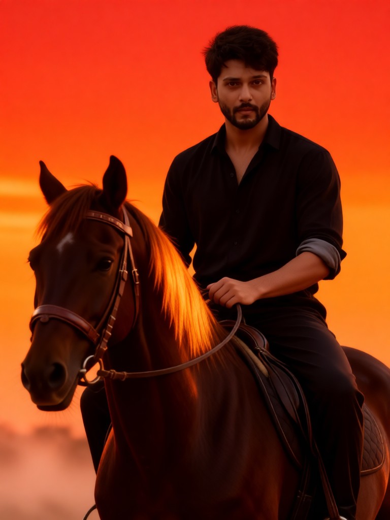 Handsome guy riding a horse at dusk image