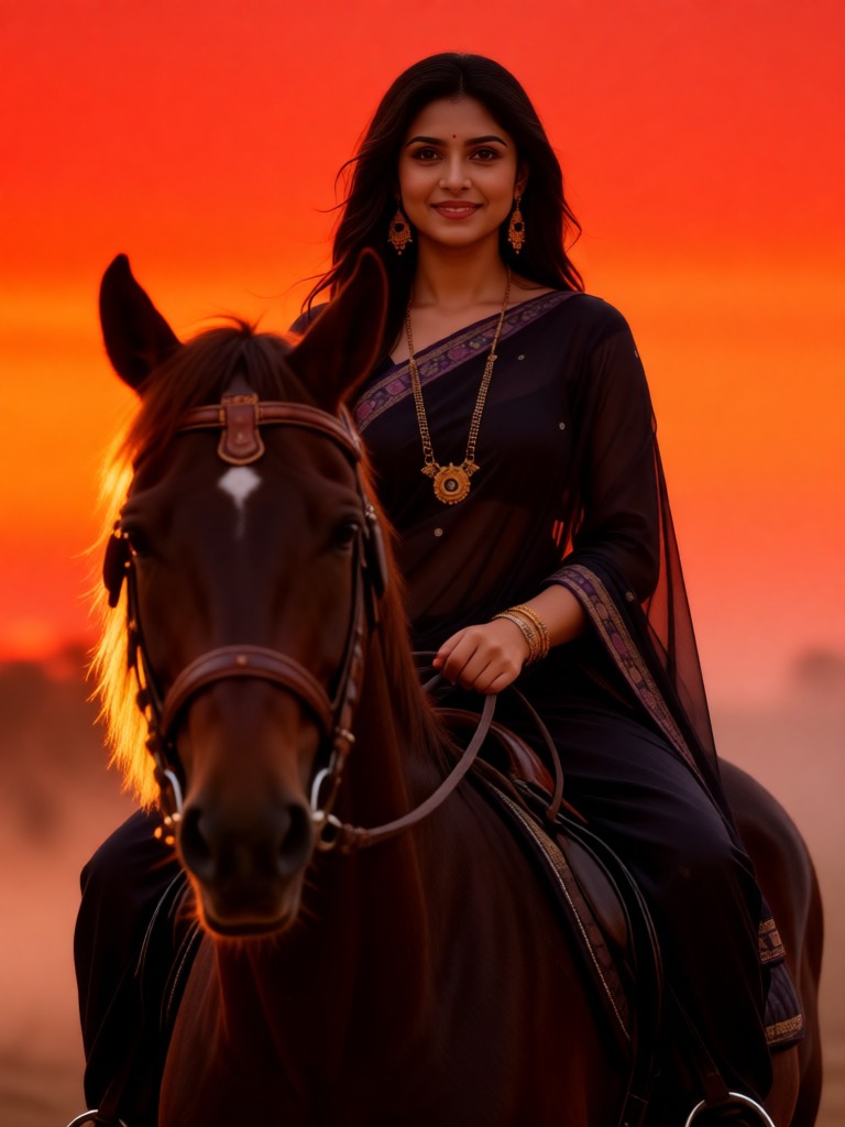 A beautiful woman riding a horse at dusk image