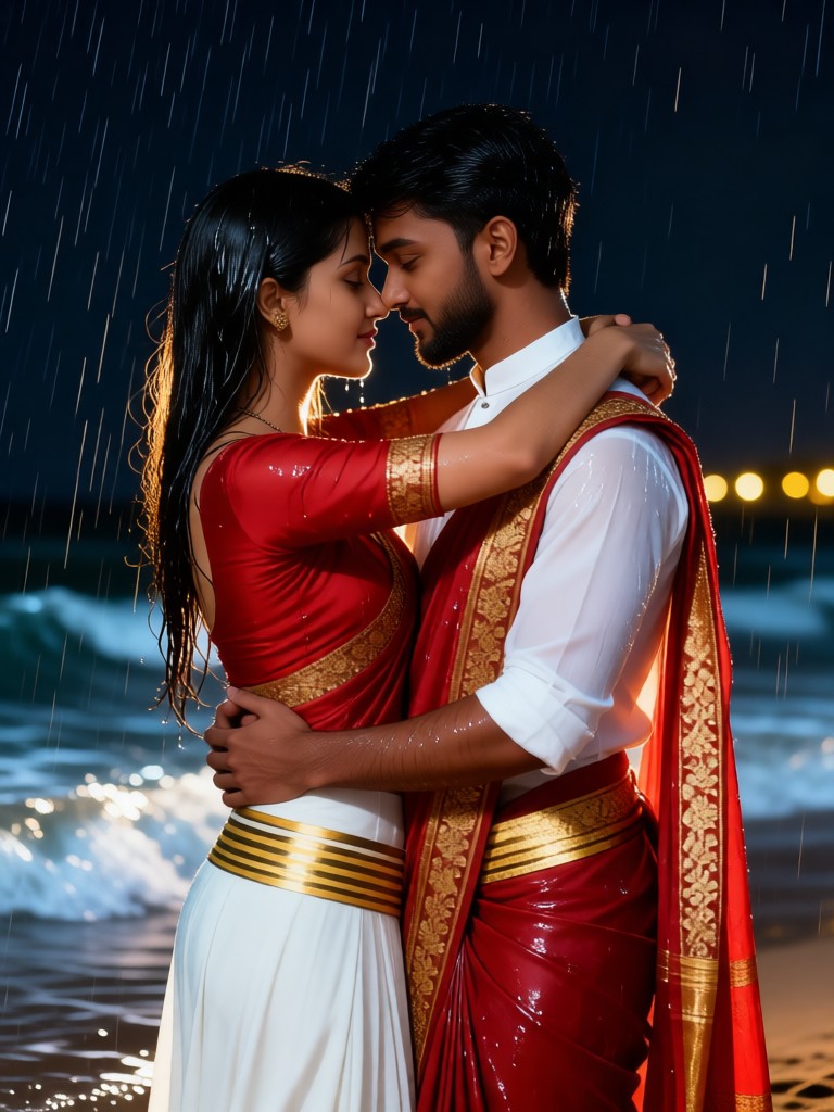 A couple hugging on the beach in the rain image