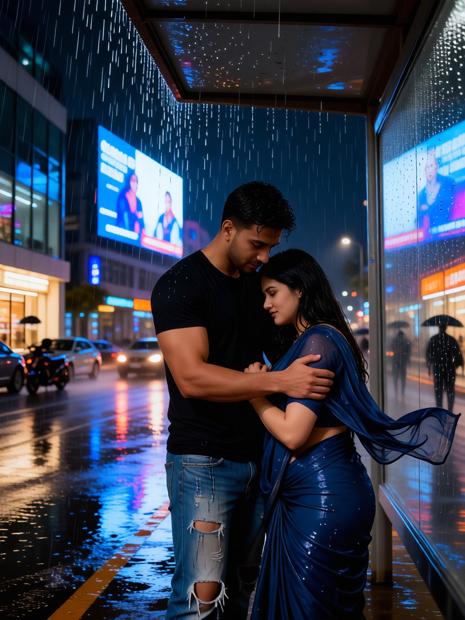 A couple snuggling at a bus stop in the rain image