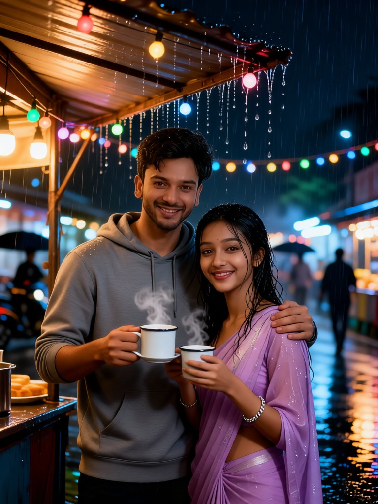 A couple drinking tea at a tea stall in the rain image