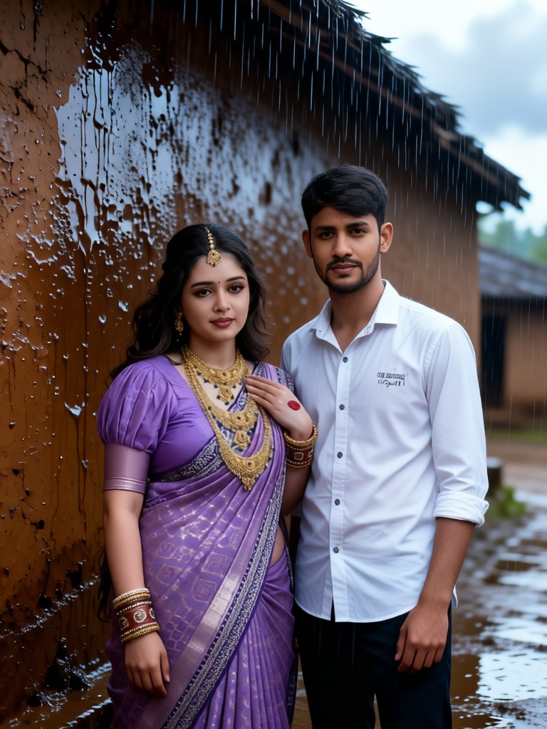 Rural Indian lovers in the rain image