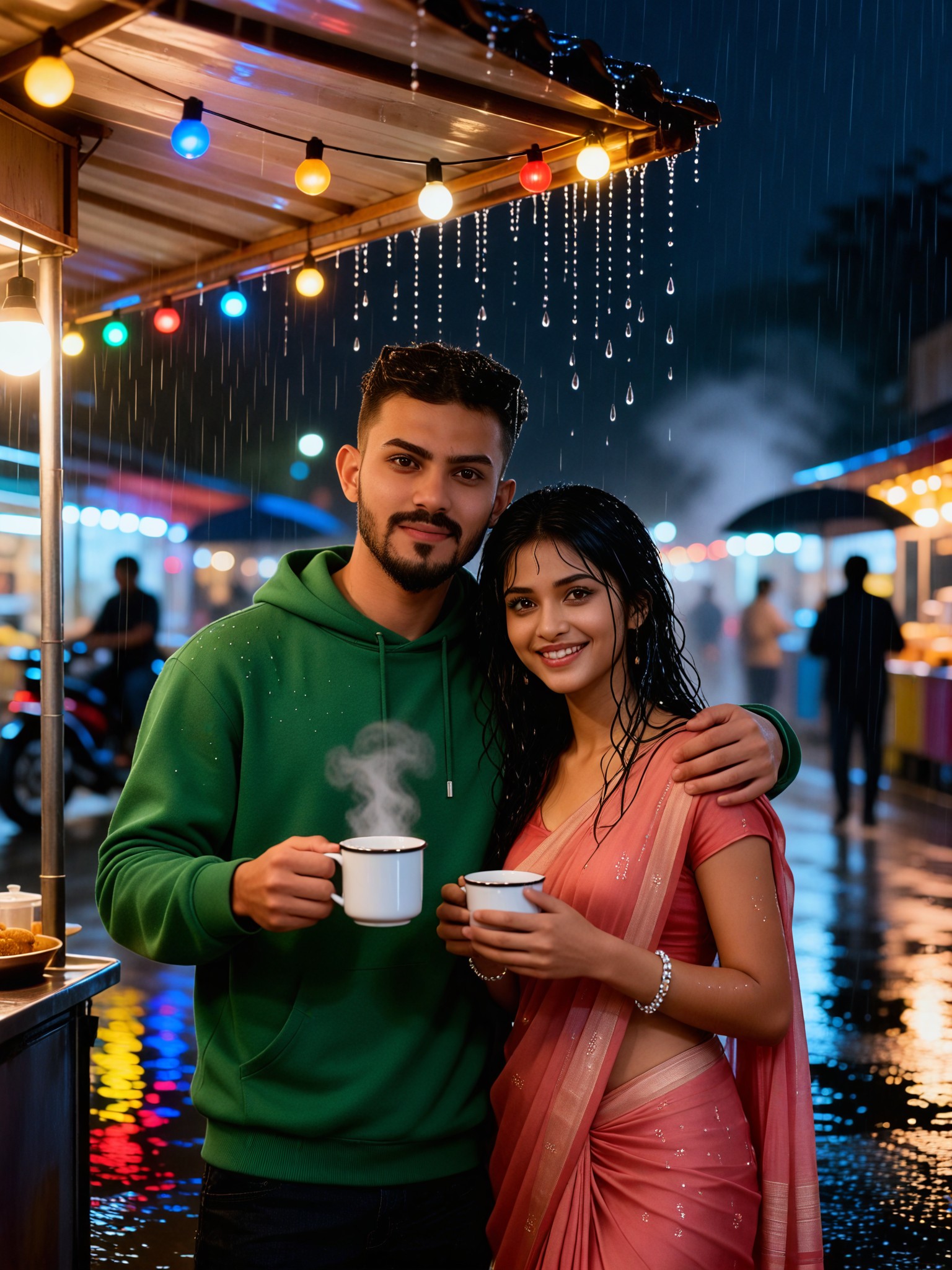 A couple drinking tea at a tea stall in the rain image