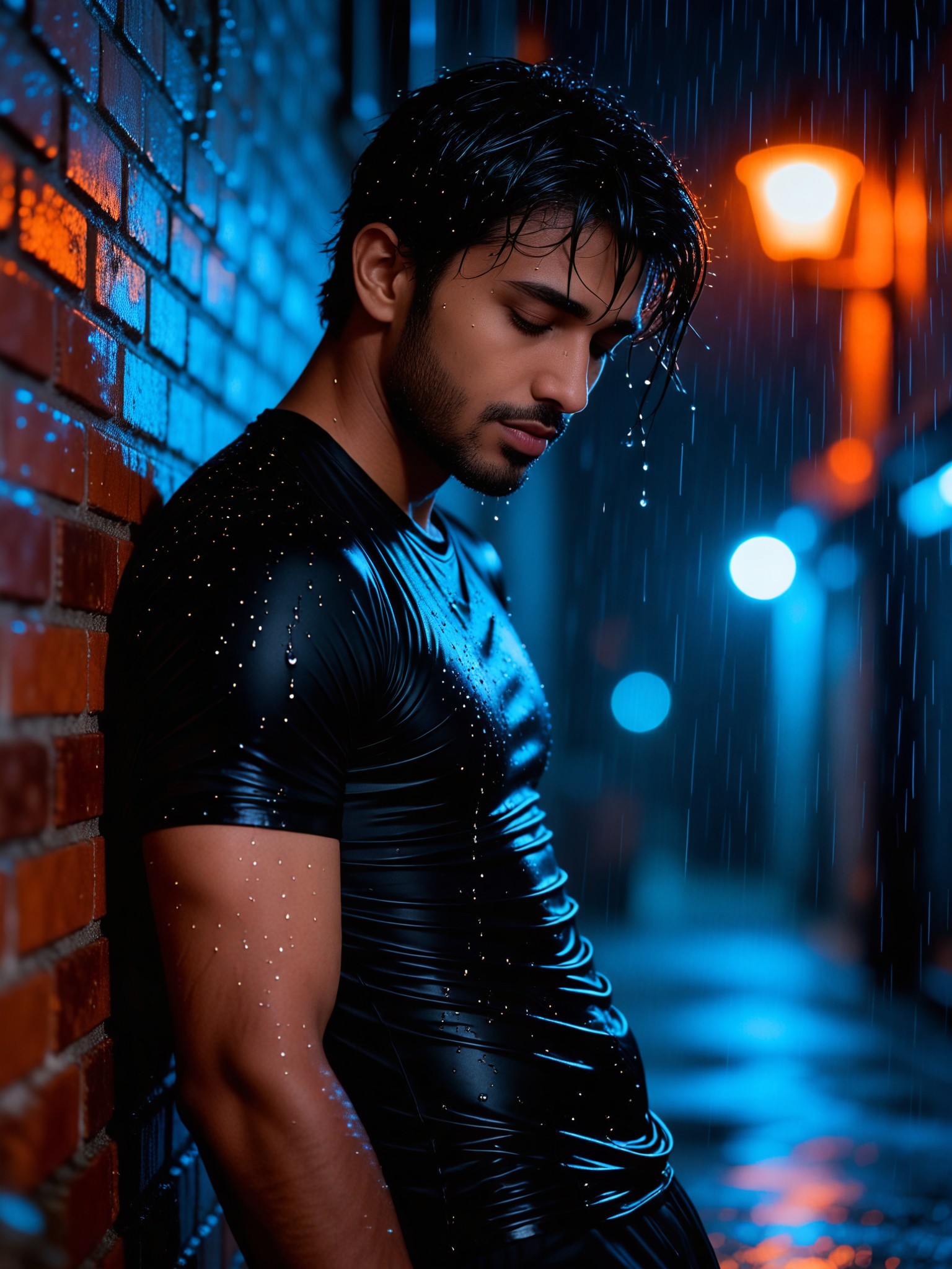 A melancholy man leaning against the wall in the rain image