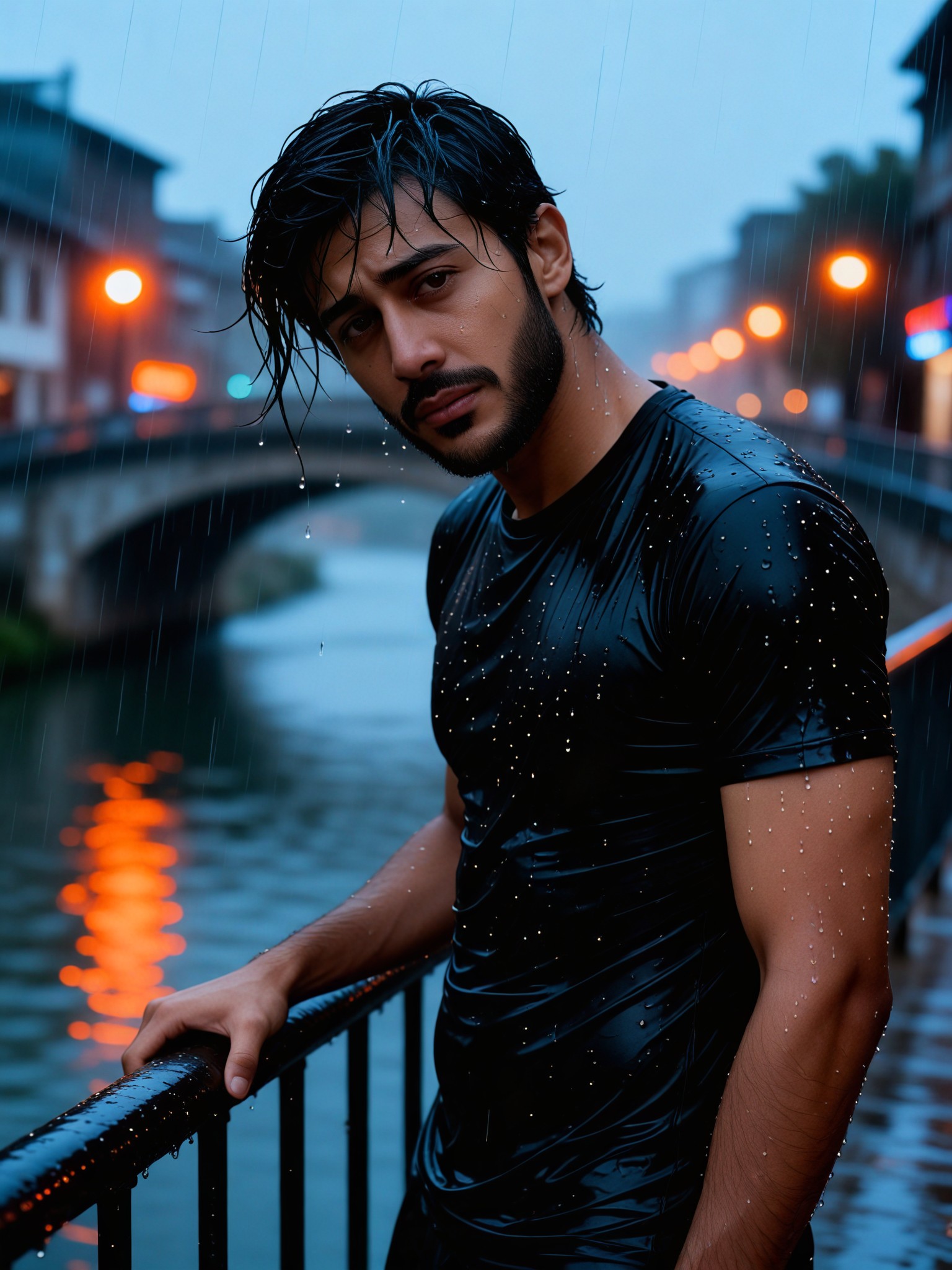 Sad man on the bridge in the rain image