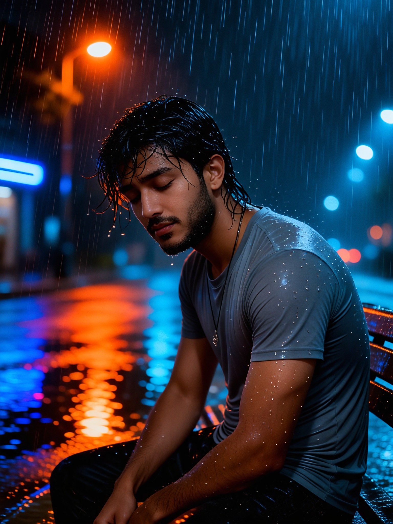 A sad man on a public chair in the rain image