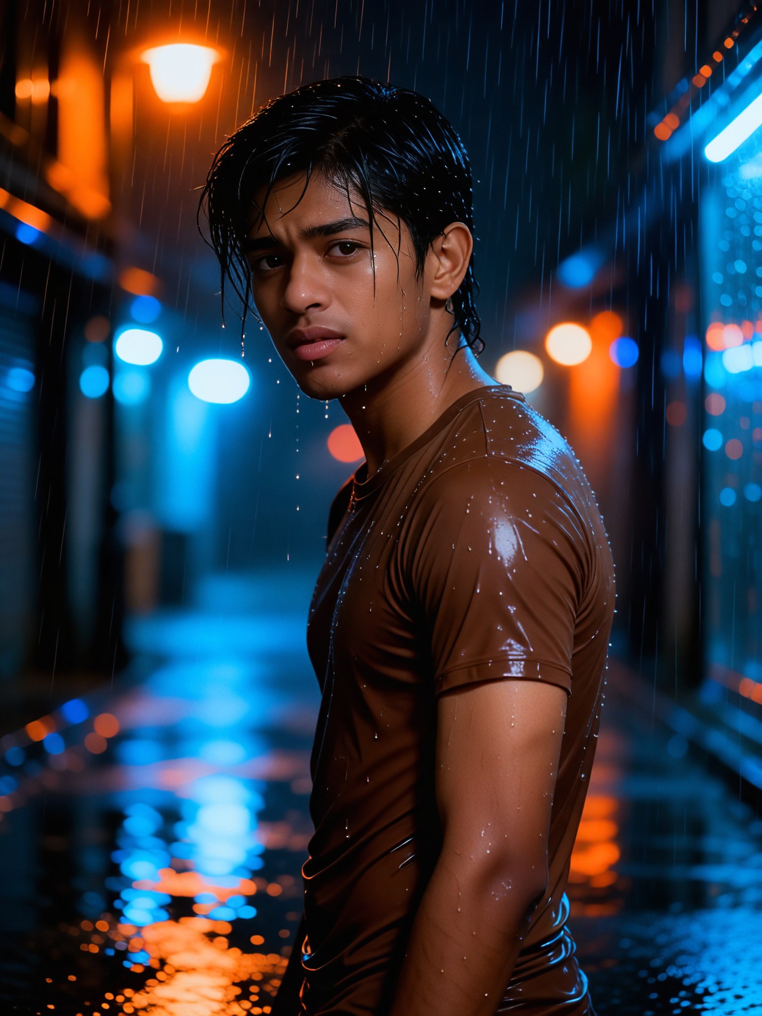 A sad man on the rainy street image