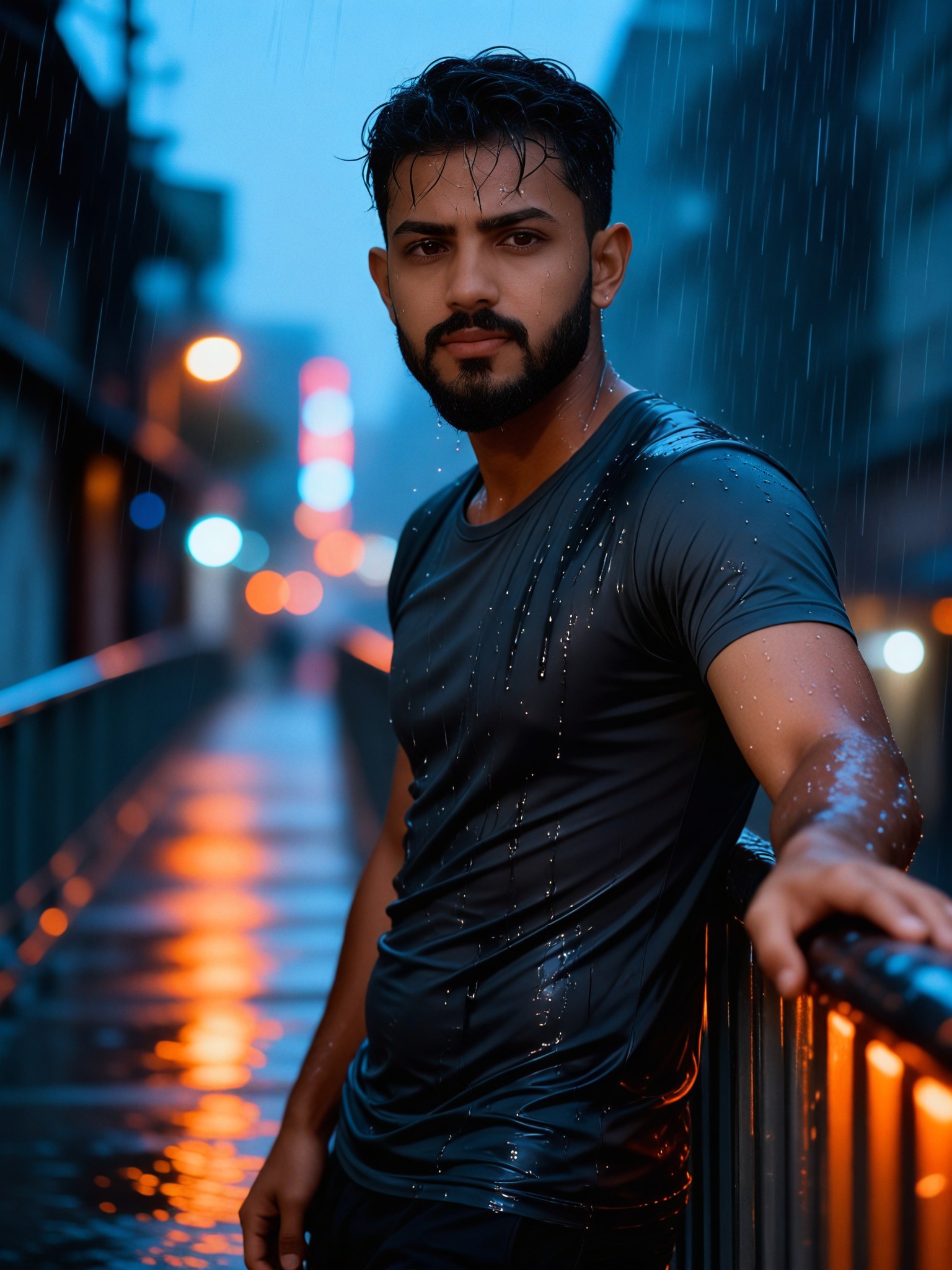 A sad man in the rain image