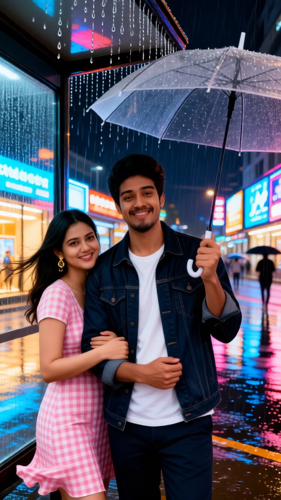 A couple waiting for the rain to stop beside the bus stop image