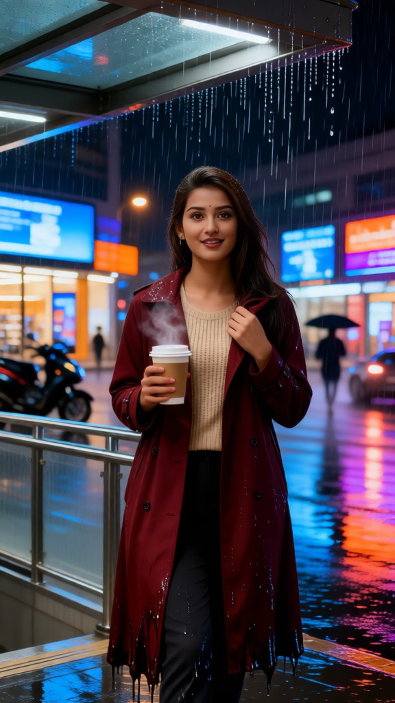 A woman beside the subway in the rain image