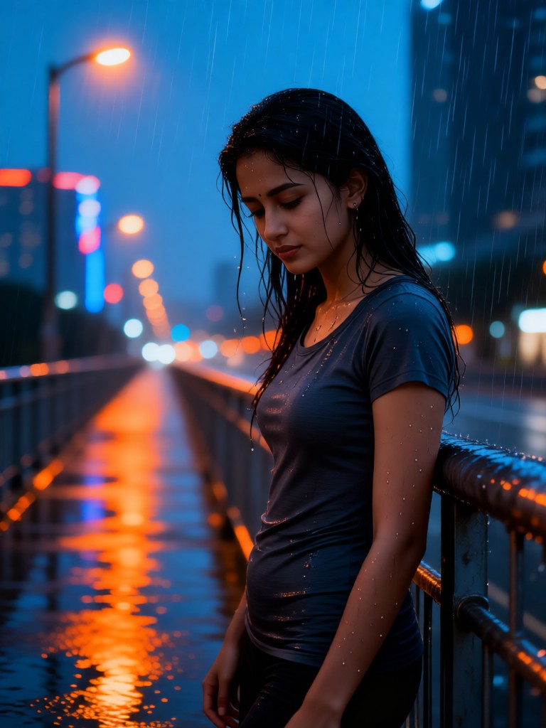 A sad woman in the rain image