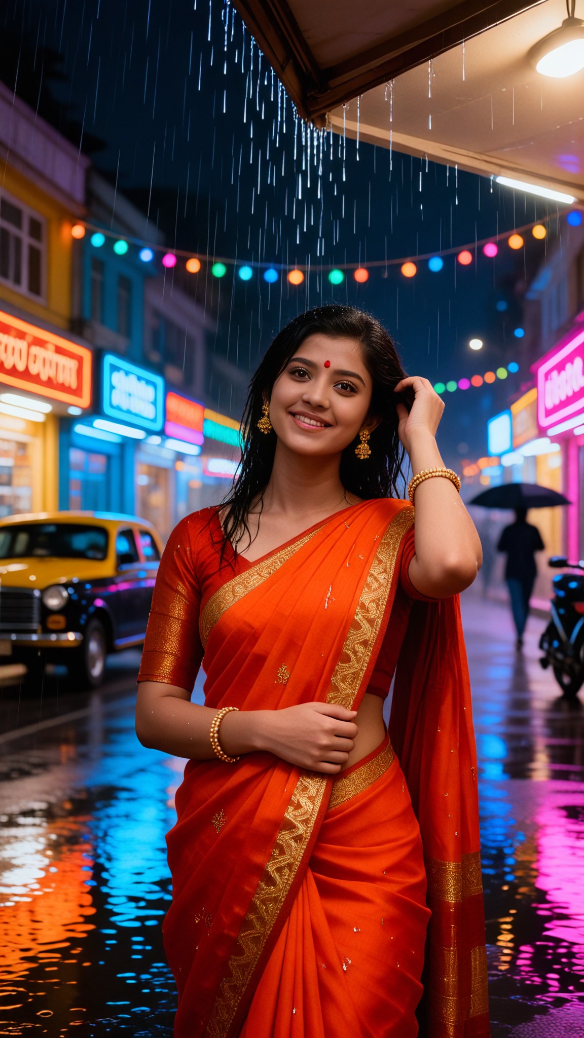 A woman in a bustling city on a rainy day image