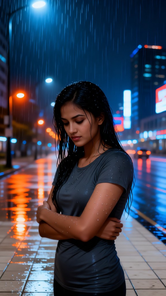 A sad woman on a rainy city street image