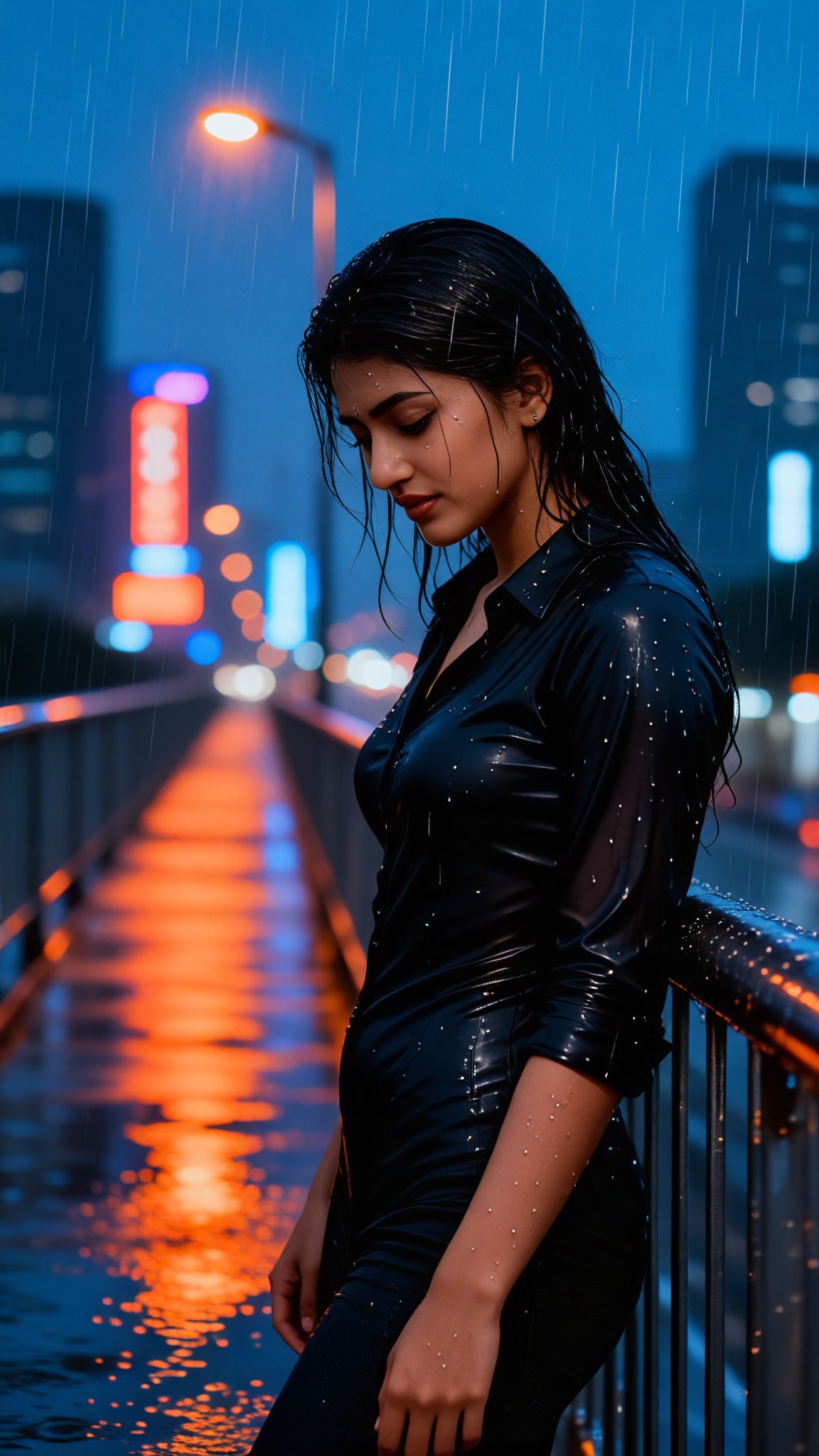 A sad woman on the overpass in the rain image