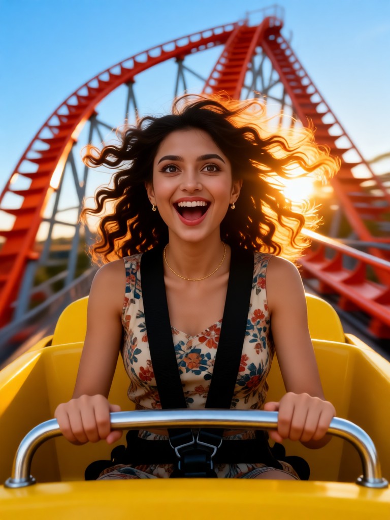 The beautiful woman on the roller coaster image