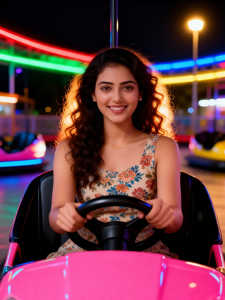 The beautiful woman on the bumper car image