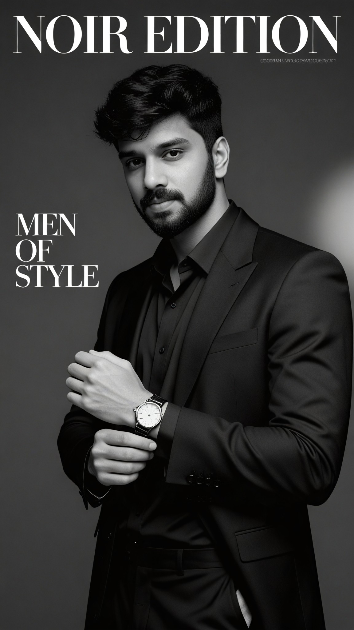 Men's black and white fashion magazine style image