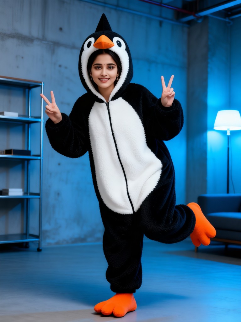 A beautiful woman wearing a penguin costume image