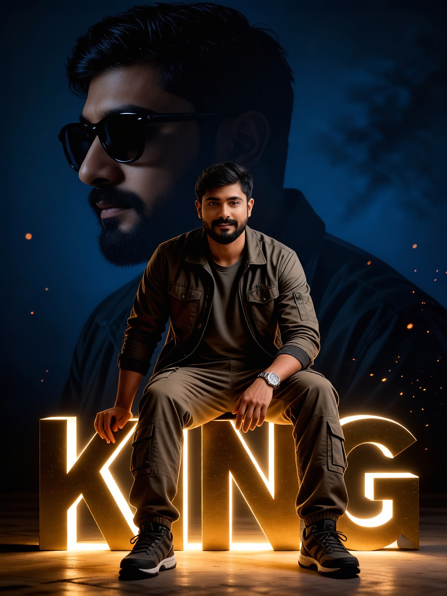 A domineering man sitting on a letter image