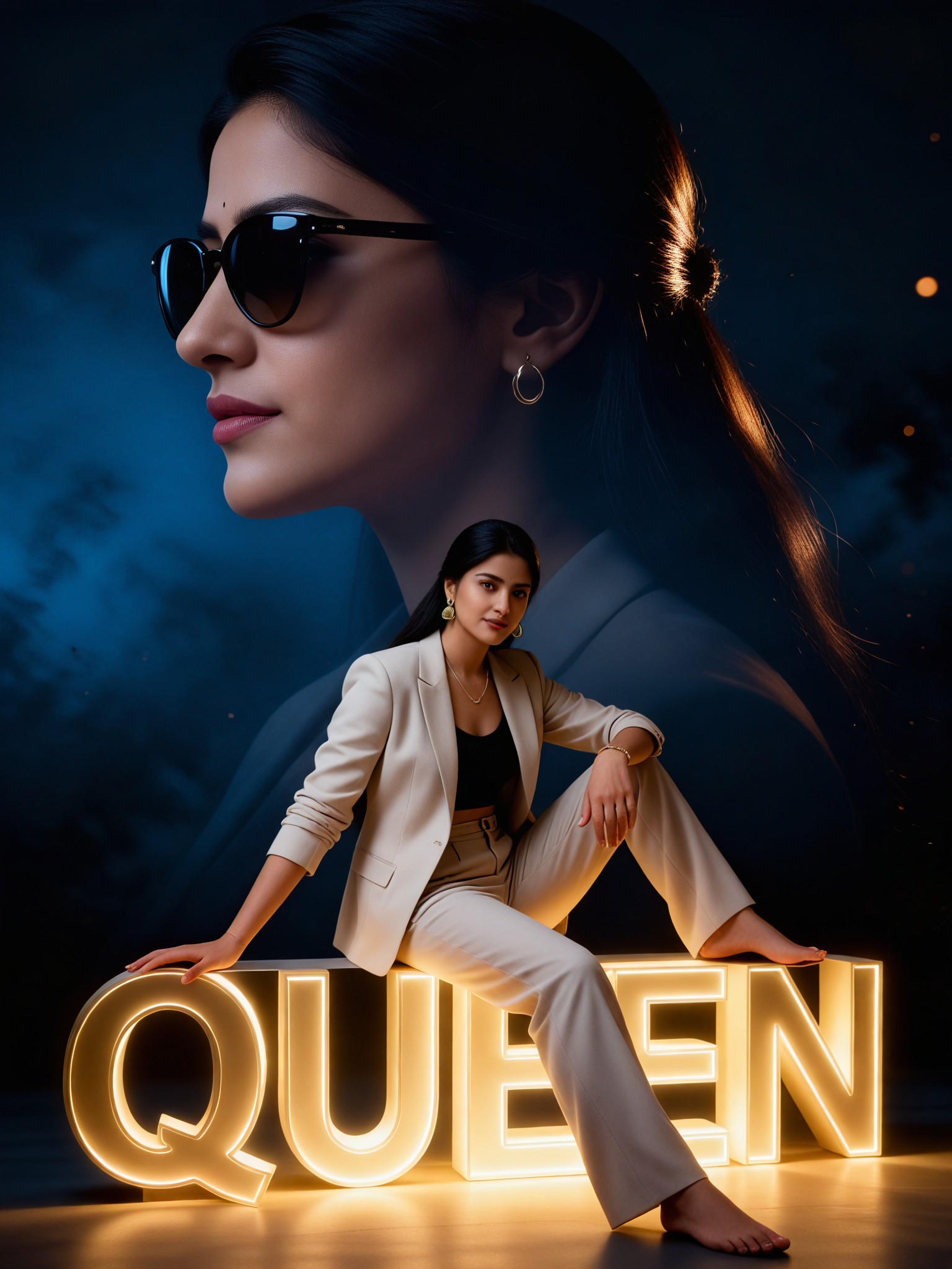 A beautiful woman with double exposure sitting on the subtitle image