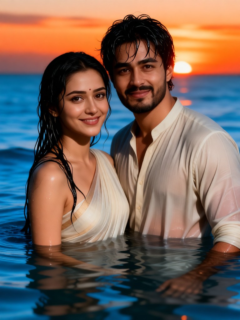 Couples leaping out of the sea at dusk image
