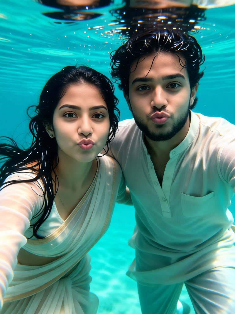 Couple leaping out of the sea - blue-green image