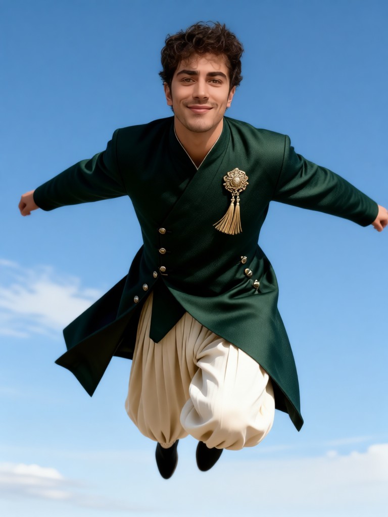 A handsome woman flying in the air image